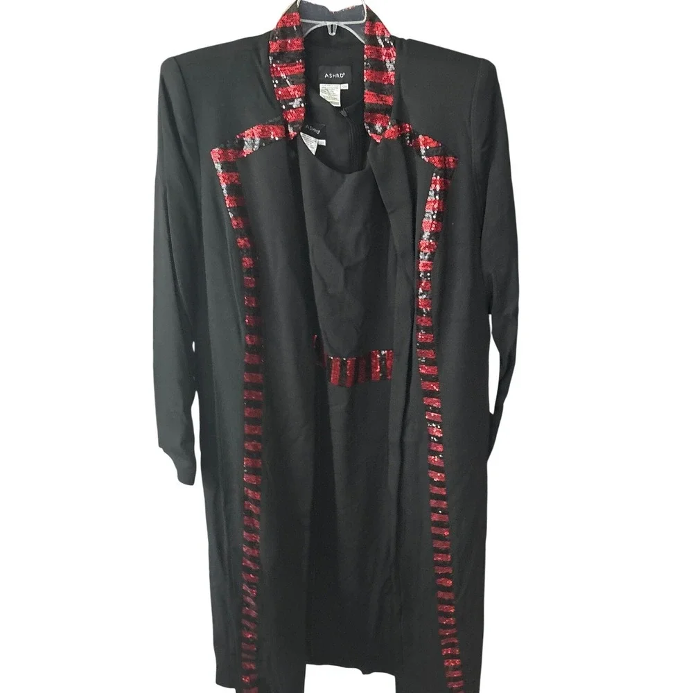 Ashro Womens 24W Black Red Sequin Trim 2 Piece Dress and Jacket Suit Set